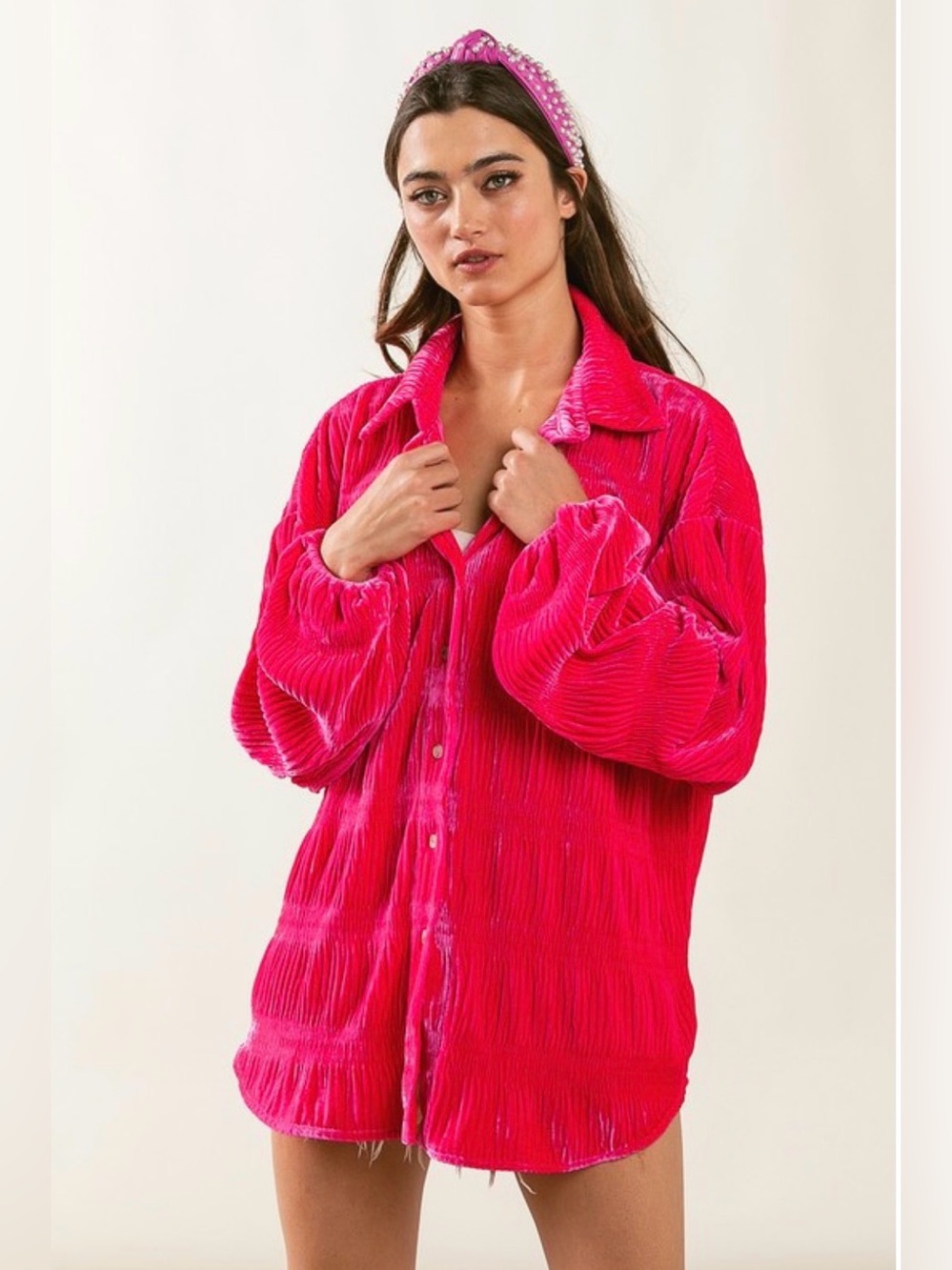 BiBi Hot Pink Crinkle Button-Front Blouse